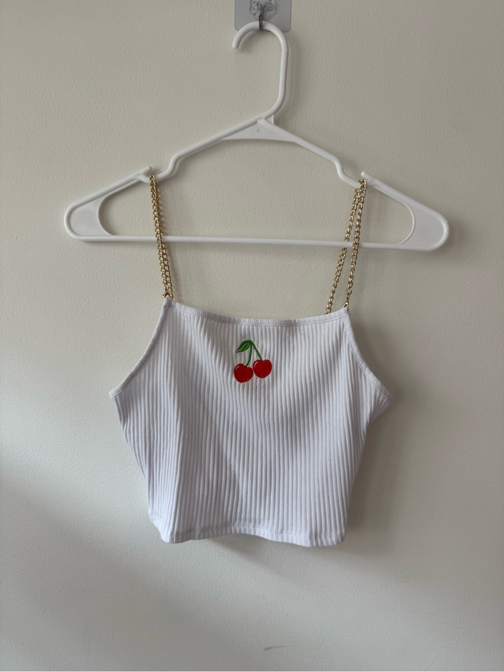 Derek Heart White Ribbed Crop Cami with Red Cherry Patch & Gold Chain Straps